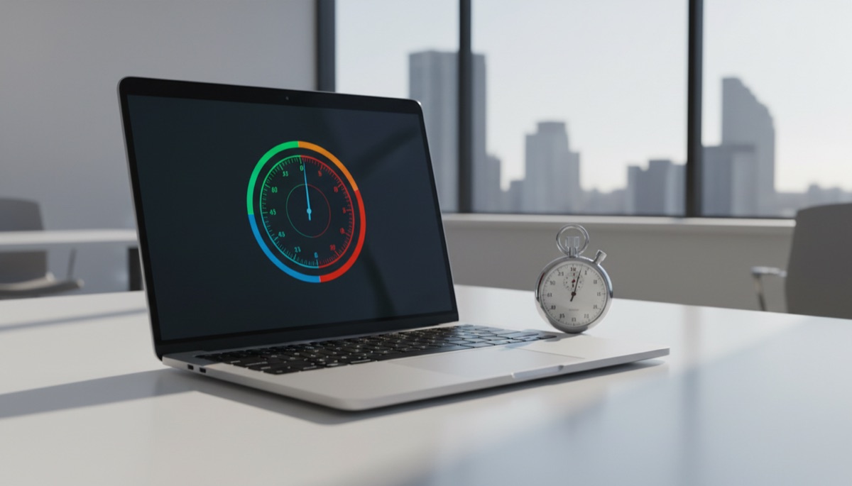 Laptop showing website speed dashboard gauges with a stopwatch beside it