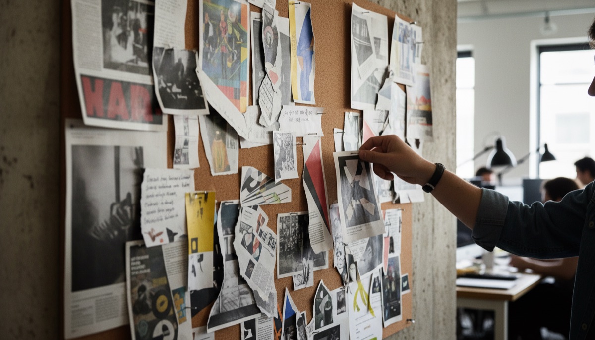 Pinboard covered in newspaper and magazine clippings in a creative agency