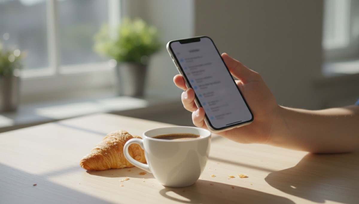 Hand holding a smartphone showing an email inbox over morning coffee
