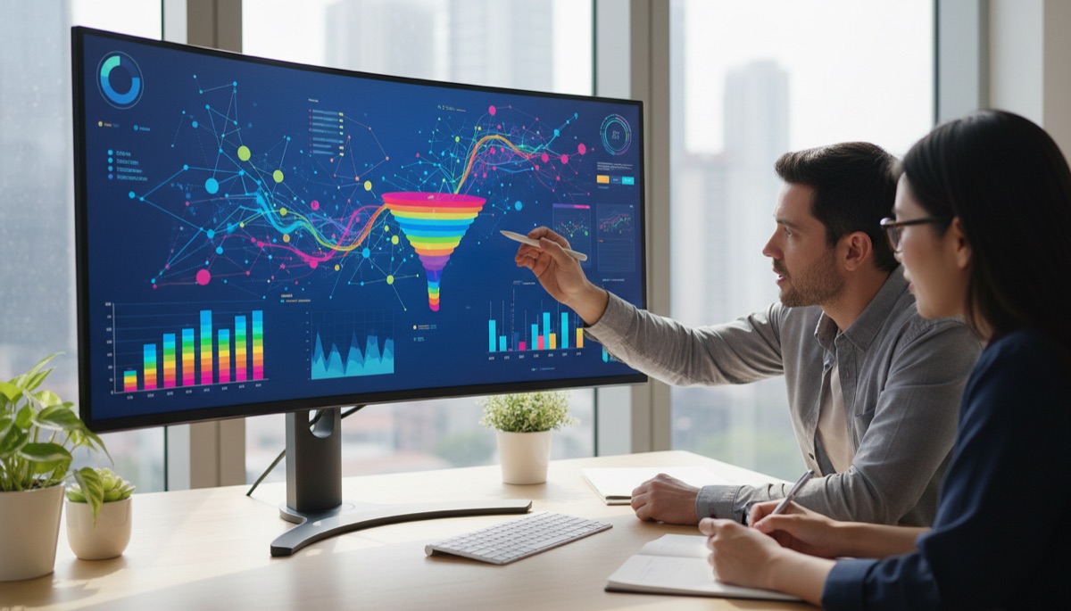 Two people reviewing colourful analytics dashboards on a large monitor
