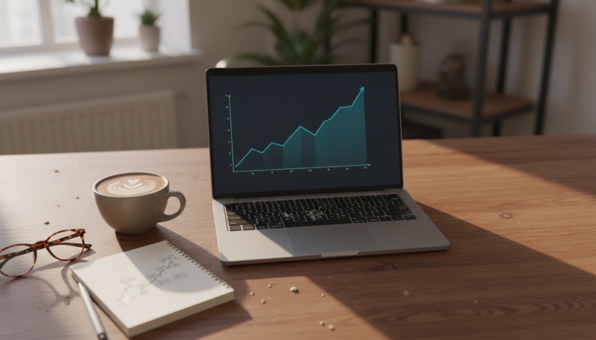 Marketer's desk with a laptop showing a rising organic traffic graph and a handwritten SEO timeline