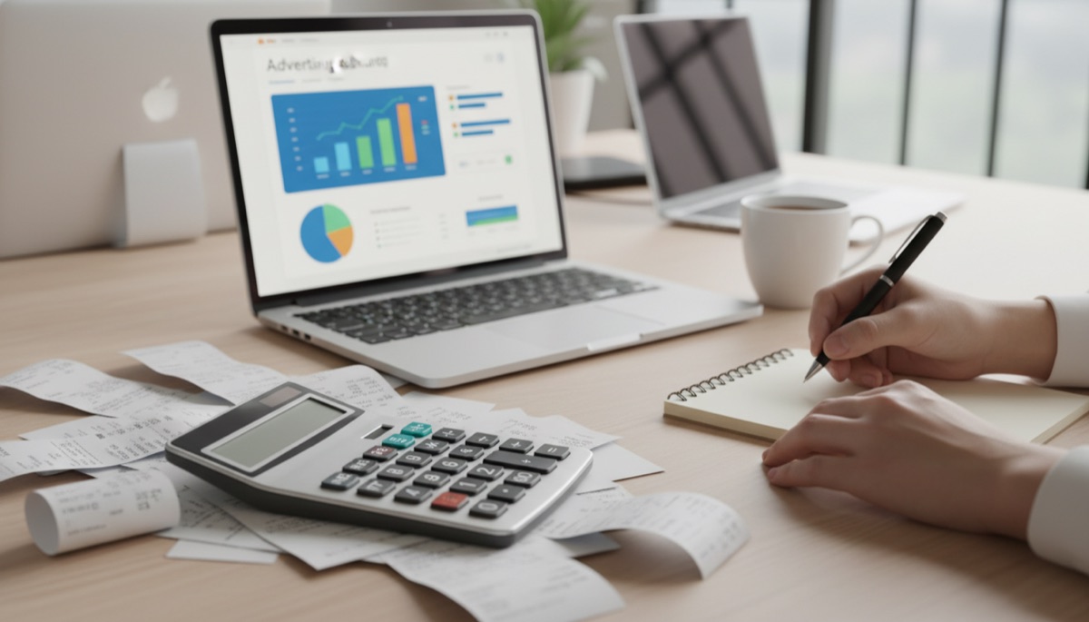 Desk with calculator, receipts and a laptop showing an advertising dashboard with charts