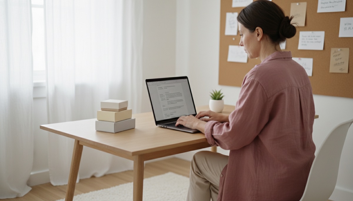 Copywriter typing product copy at a desk beside neutral product boxes
