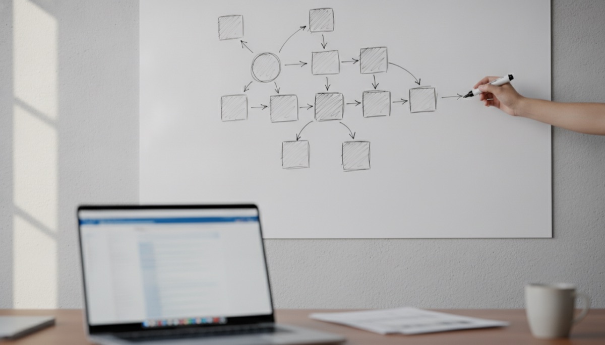 Whiteboard diagram of connected boxes and arrows explaining structured data