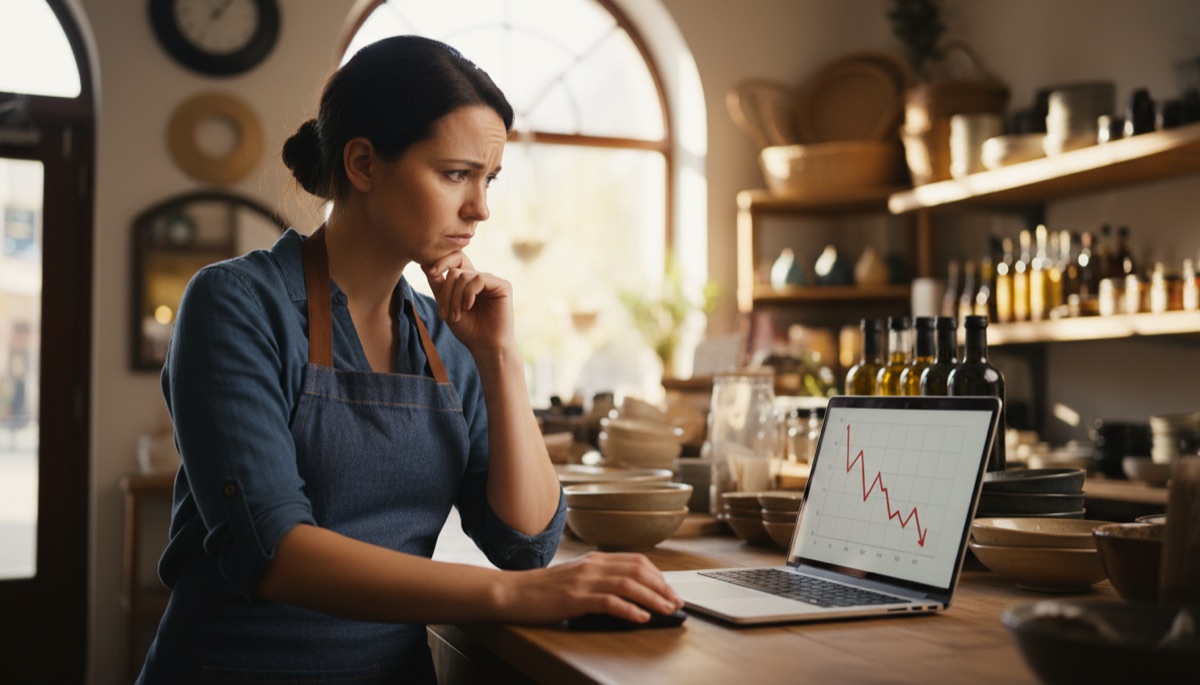 Small business owner at a shop counter reviewing a declining traffic chart on a laptop