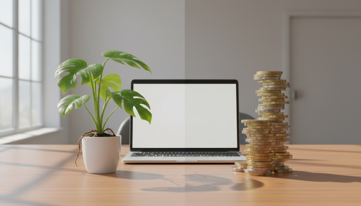 Desk with a growing plant on one side and stacked coins on the other