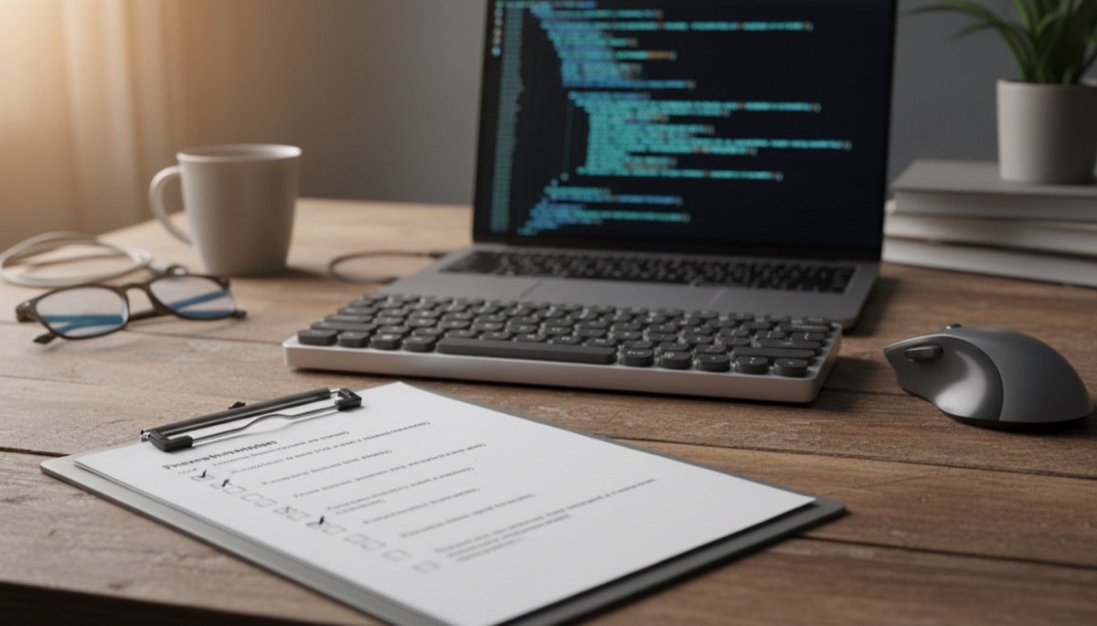 Developer's desk with a ticked checklist on a clipboard beside a laptop showing code