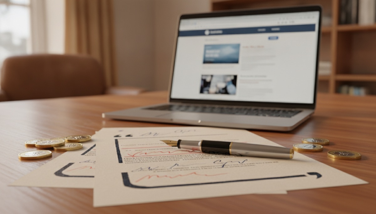 Printed quote documents and pound coins on a desk beside a laptop