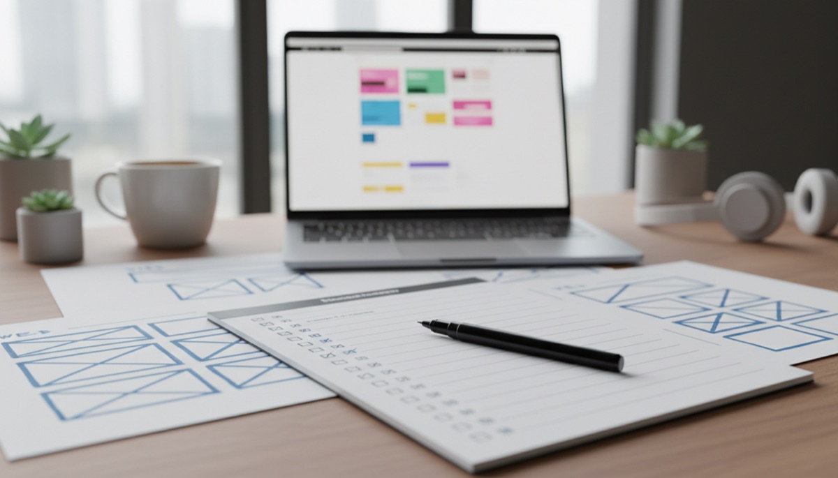 Web designer's desk with printed wireframes and a ticked checklist pad beside a laptop