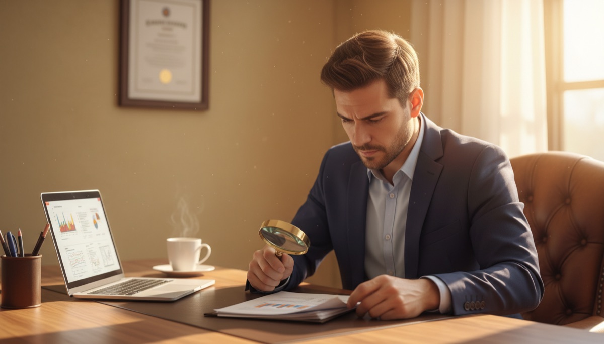 Professional reviewing printed documents at a desk with a framed certificate behind
